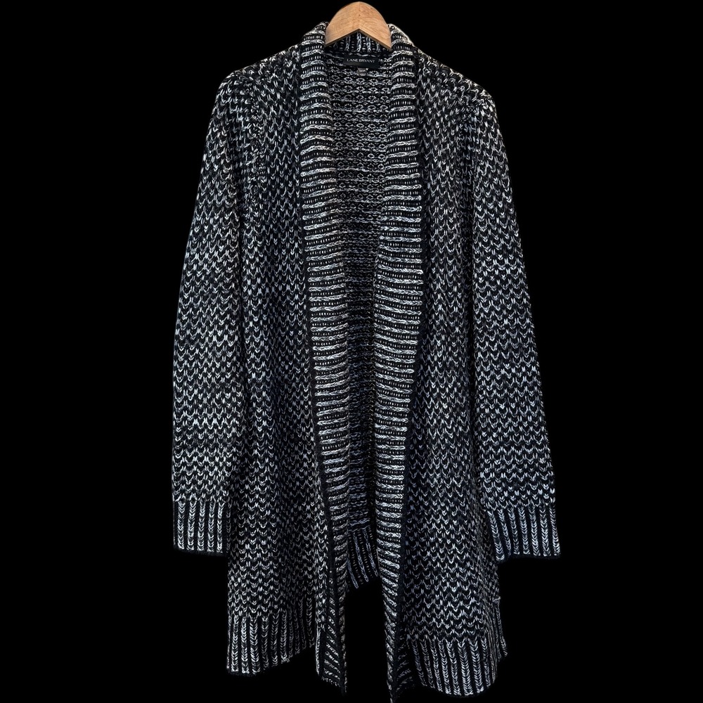 Lane Bryant Black White Open Front Long Chunky Sweater Knit Cardigan Sz 22/24‎
